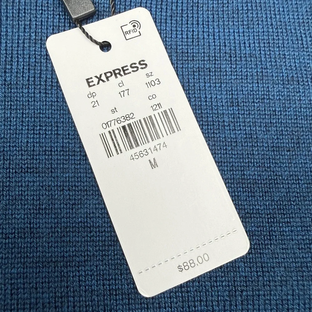 Express Sweater Mens Medium Blue Merino Wool Crewneck Knit Pullover Lightweight